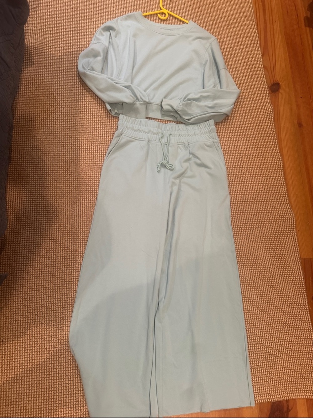Women's Wide-Leg Lounge Pants in Light Blue with matching sweatshirt